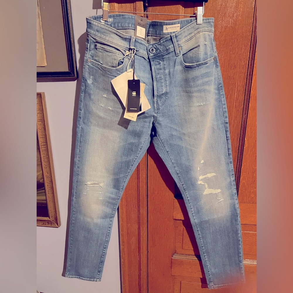 G-Raw NWT 3301 Slim faded destroyed restored jeans 36X32